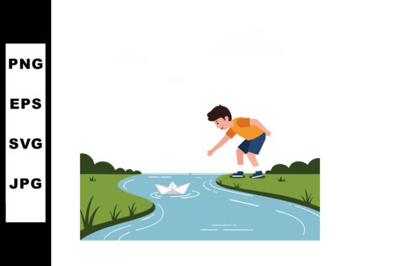 Boy Playing with Paper Boat on Small Riv Graphics & Illustrations