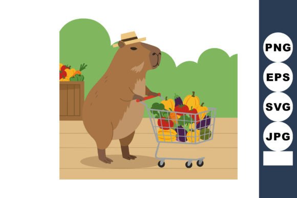 Capybara Pushing Shopping Cart Full of C Graphics and Illustrations