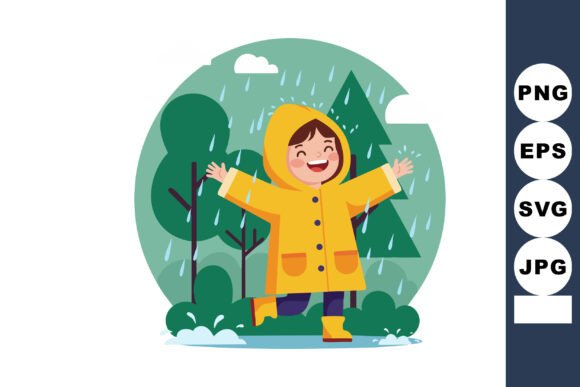 Child Enjoying Rainy Weather in Yellow R - A Vibrant Illustration for Creative Projects