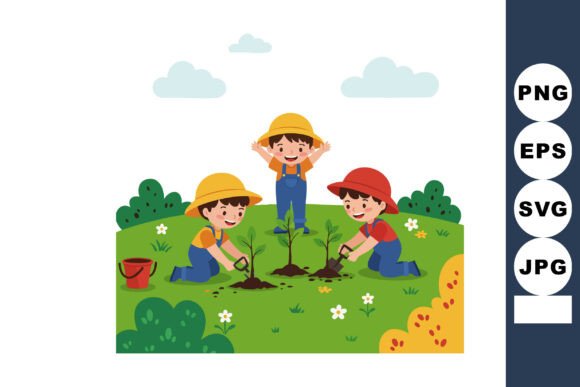 Children Gardening Together Planting You Graphics & Illustrations