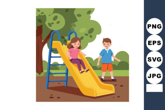 Children Playing on Yellow Slide in Green – A Versatile Graphic Asset