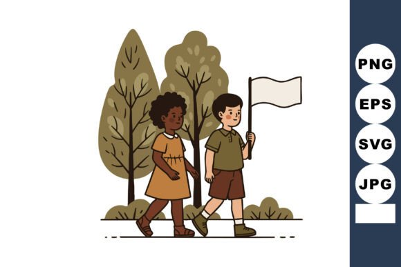 Children Walking Outdoors with White Flag Illustration