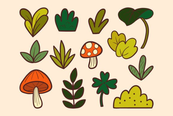 Cute Botanical and Mushroom Doodle Graphics for Icons