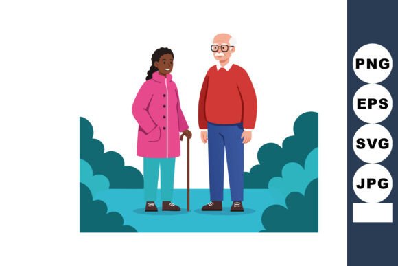 Elderly Man and Woman Standing Outdoors Illustration
