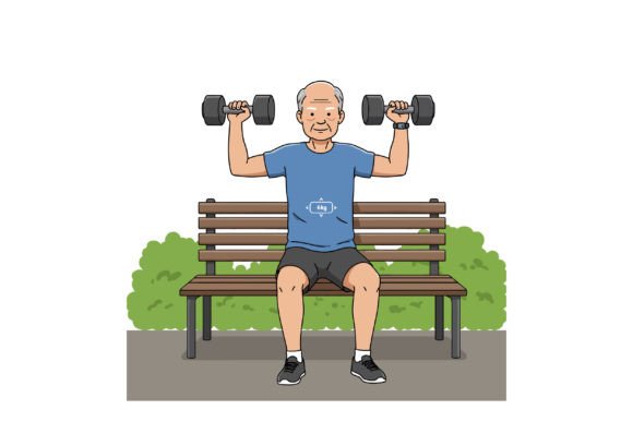 Elderly Man Exercising with Dumbbells on Graphic