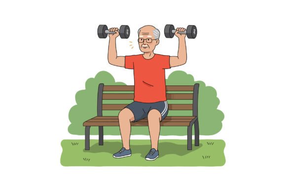 Elderly Man Exercising with Dumbbells Si Graphics and Illustrations
