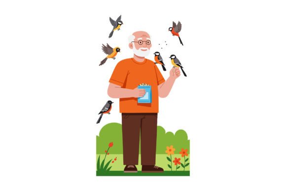 Elderly Man Feeding Birds in Garden with Illustration