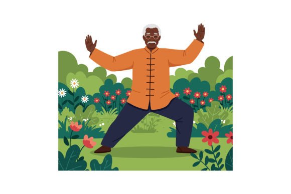 Elderly Man Practicing Tai Chi in Garden Graphics