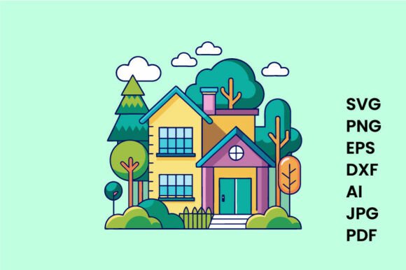 Family Home with Garden Colorful Illustr for Branding and Packaging