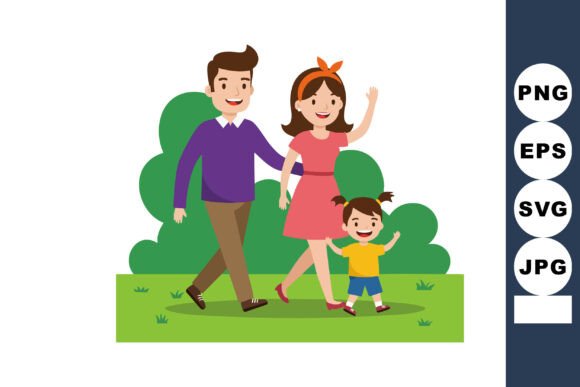 Family Walking Together Outdoors Graphic Illustration