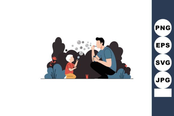Father and Son Blowing Soap Bubbles Graphics