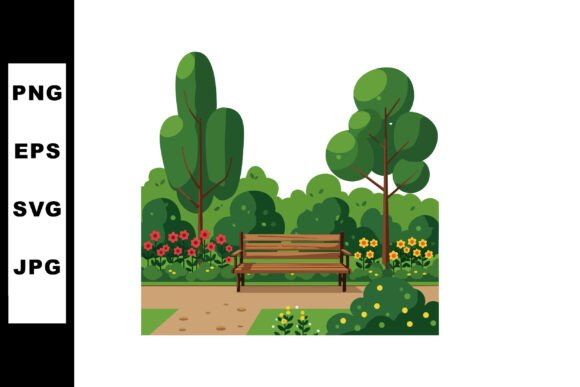 Garden Bench Surrounded by Green Trees a: Graphics & Illustrations Review