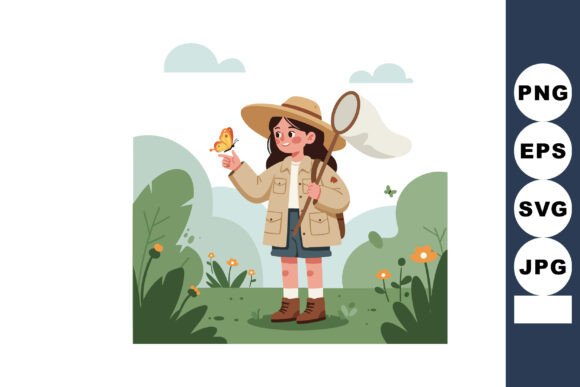 Girl Catching Butterfly with Net Outdoor Graphics and Illustrations Review