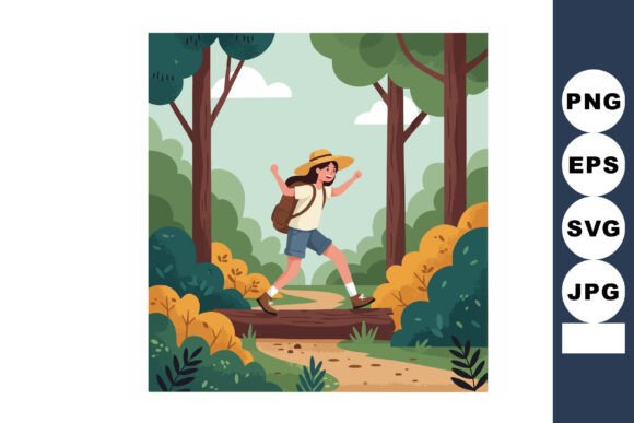 Girl Hiking Forest Trail with Backpack a: Graphics & Illustrations for Publishers
