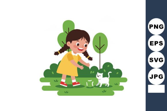 Girl Playing with White Cat in Green Par Illustration for Branding