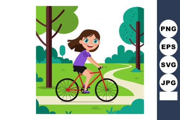 Girl Riding Red Bicycle on Green Park - Illustration for Design Projects