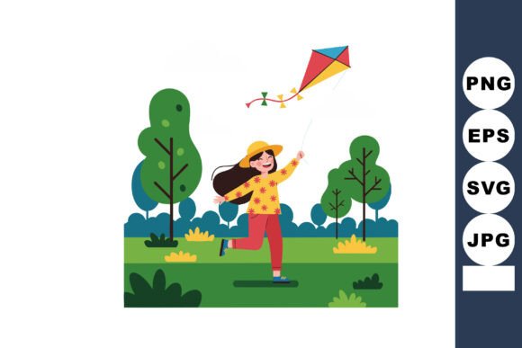 Girl Running Flying Colorful Kite in Par Graphics and Illustrations