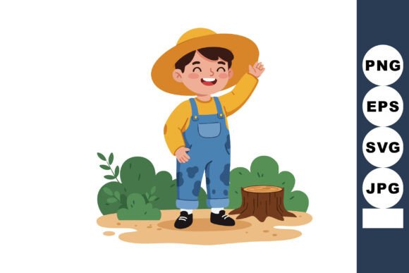 Happy Child Standing Near Tree Stump in Graphics