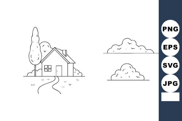 House with Pathway and Trees Line Art Si for Graphics and Illustrations
