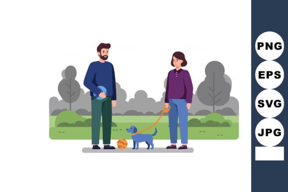 Man and Woman Walking Dog in Park with B Graphics