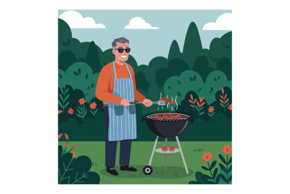 Man Grilling Sausages Outdoors in Green – A Versatile Illustration for Digital Sellers
