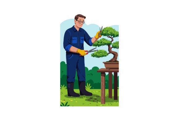 Man in Blue Uniform Pruning Green Bonsai - A Versatile Graphic Asset