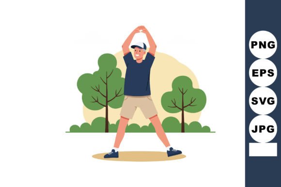 Man Stretching Outdoors in Park with Gre Graphics and Illustrations