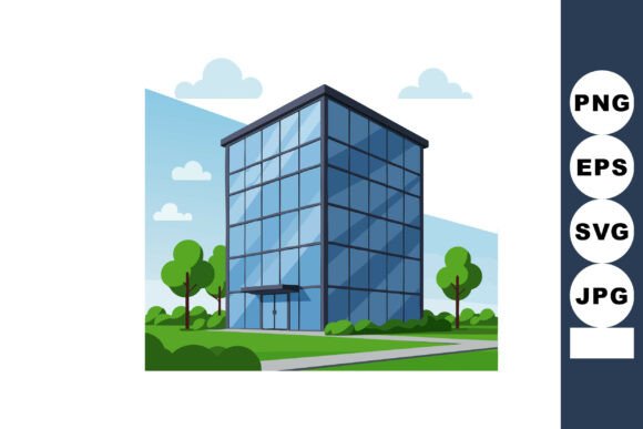 Modern Glass Office Building with Green Illustration Review