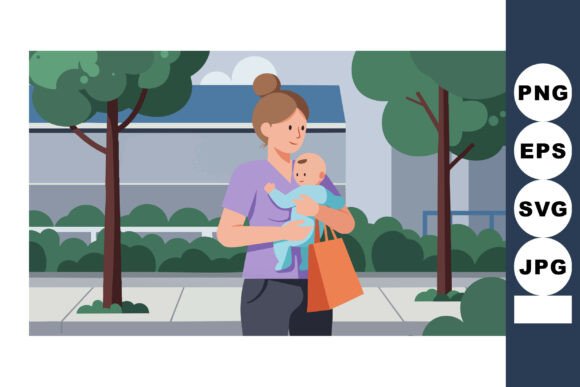 Mother Carrying Baby Outdoors in Urban P Graphics