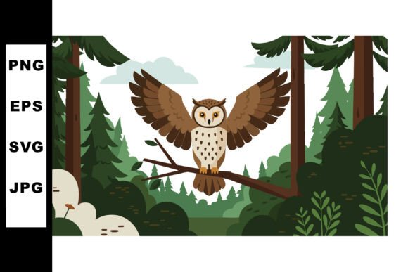 Owl Spreading Wings on Branch in Green F - A Versatile Graphic for Digital Sellers