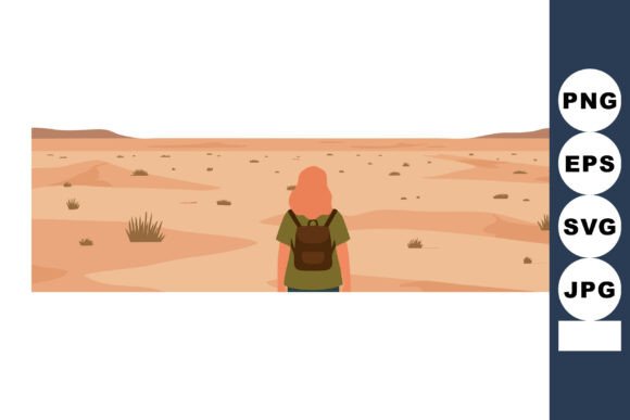 Person Facing Vast Desert Landscape with Graphics