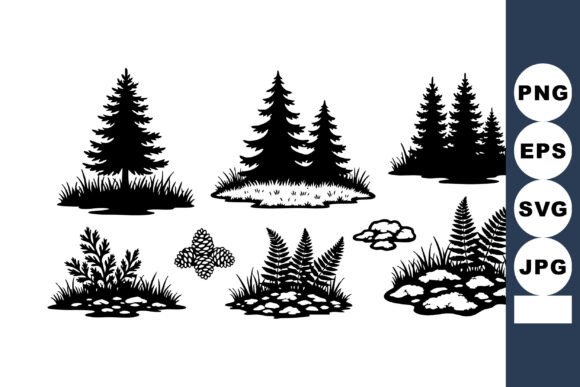 Pine Tree Silhouettes with Ferns and Roc - A Versatile Graphic Asset