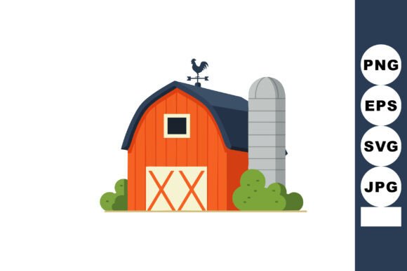 Red Barn with Weather Vane and Gray Silo Graphics