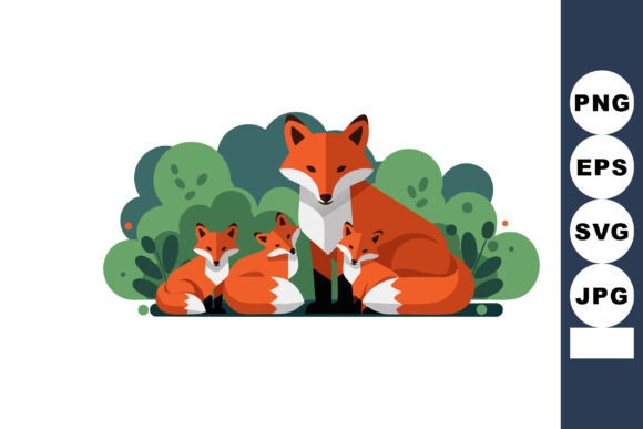 Red Fox Family with Three Cubs Resting - A Versatile Graphic Asset