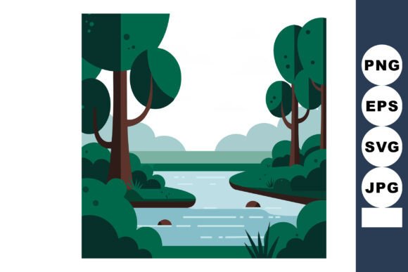 River Landscape with Green Trees and Bus Graphics for Illustrations