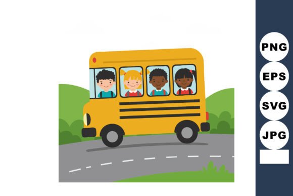 School Bus with Diverse Children Smiling: Graphics & Illustrations Review