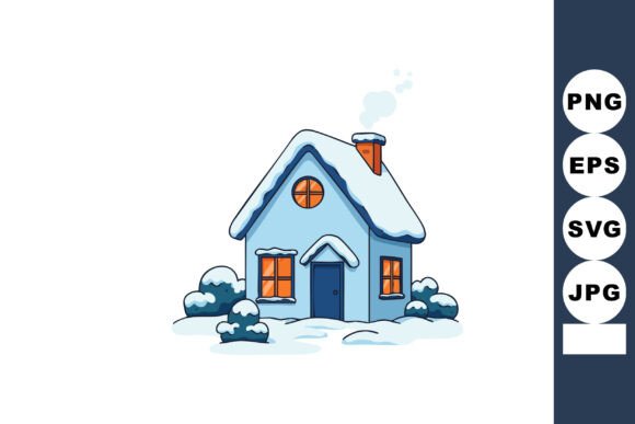Snow Covered Small Blue House with Chimn - A Cozy Graphic Illustration