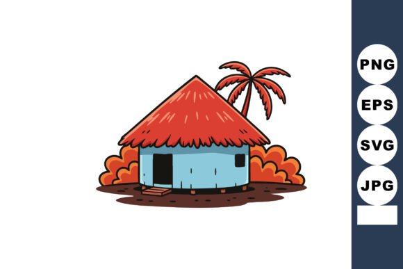 Tropical Hut with Red Thatched Roof and Graphics