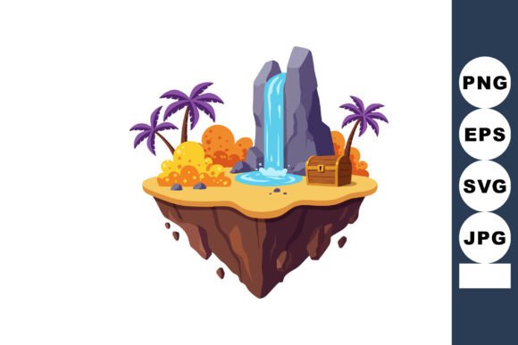 Tropical Island with Waterfall Palm Tree Graphics