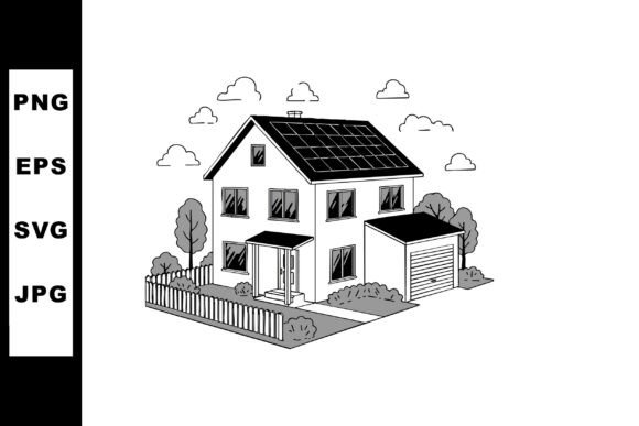 Two-story House with Solar Panels and Ga: A Smart Graphics and Illustrations Choice for Sellers