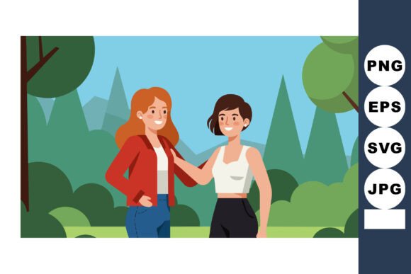 Two Young Women Friends Outdoors Casual - A Graphic Illustration for Local Branding