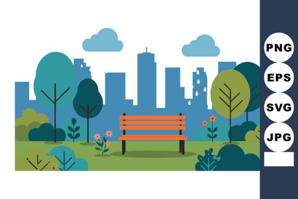 Urban Park Bench with Trees and City Sky: Graphics for Editorial Design