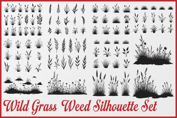 Wild Grass Weed Silhouette Set for Graphics and Crafts