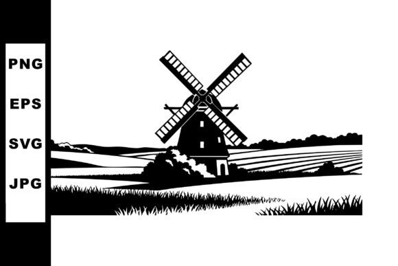 Windmill on Rural Farmland Landscape Bla Graphics & Illustrations