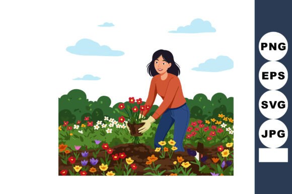 Woman Gardening Planting Flowers Outdoor Illustration for Design Projects
