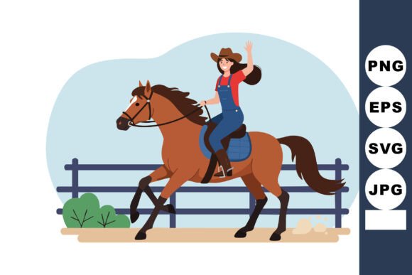 Woman in Hat Riding Brown Horse on Ranch Graphics