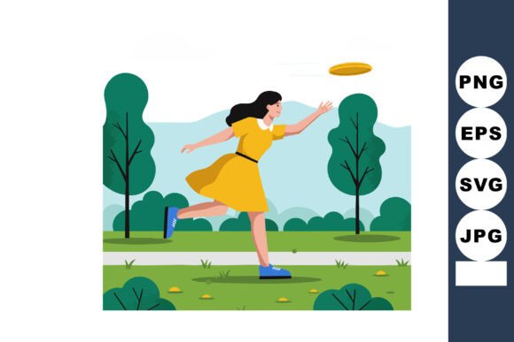 Woman Playing Frisbee Outdoors in Yellow - Graphics for Handmade Creations