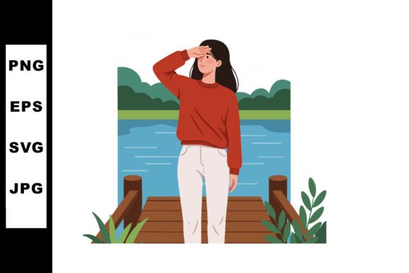 Woman Standing on Wooden Pier Looking Ah Graphics & Illustrations