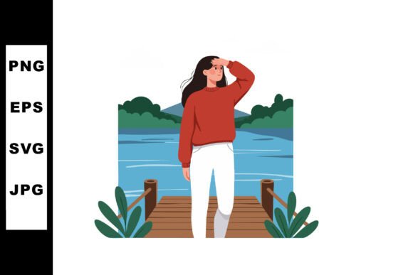 Woman Standing on Wooden Pier Near Lake - Illustration for Crafting