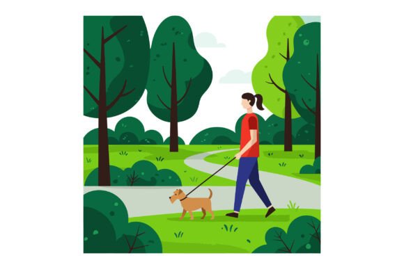 Woman Walking a Small Dog Through a Lush Illustration for Branding
